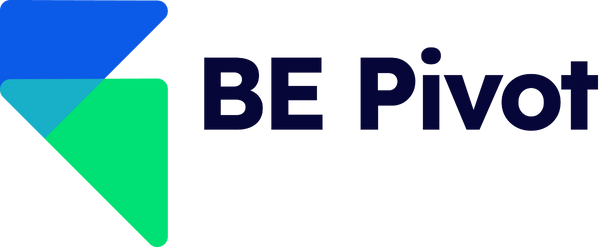 A logo for BE Pivot, featuring bold dark blue text, "BE Pivot. To the left of the text is a geometric design composed of overlapping blue, teal, and green triangular shapes.